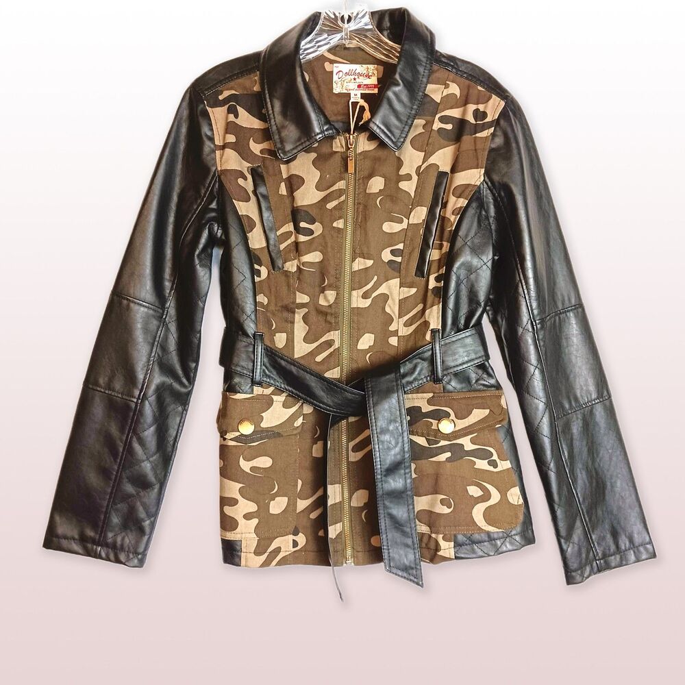 Dollhouse Camo Faux Leather Jacket Women's Medium M NWT Belted Mixed Media Moto